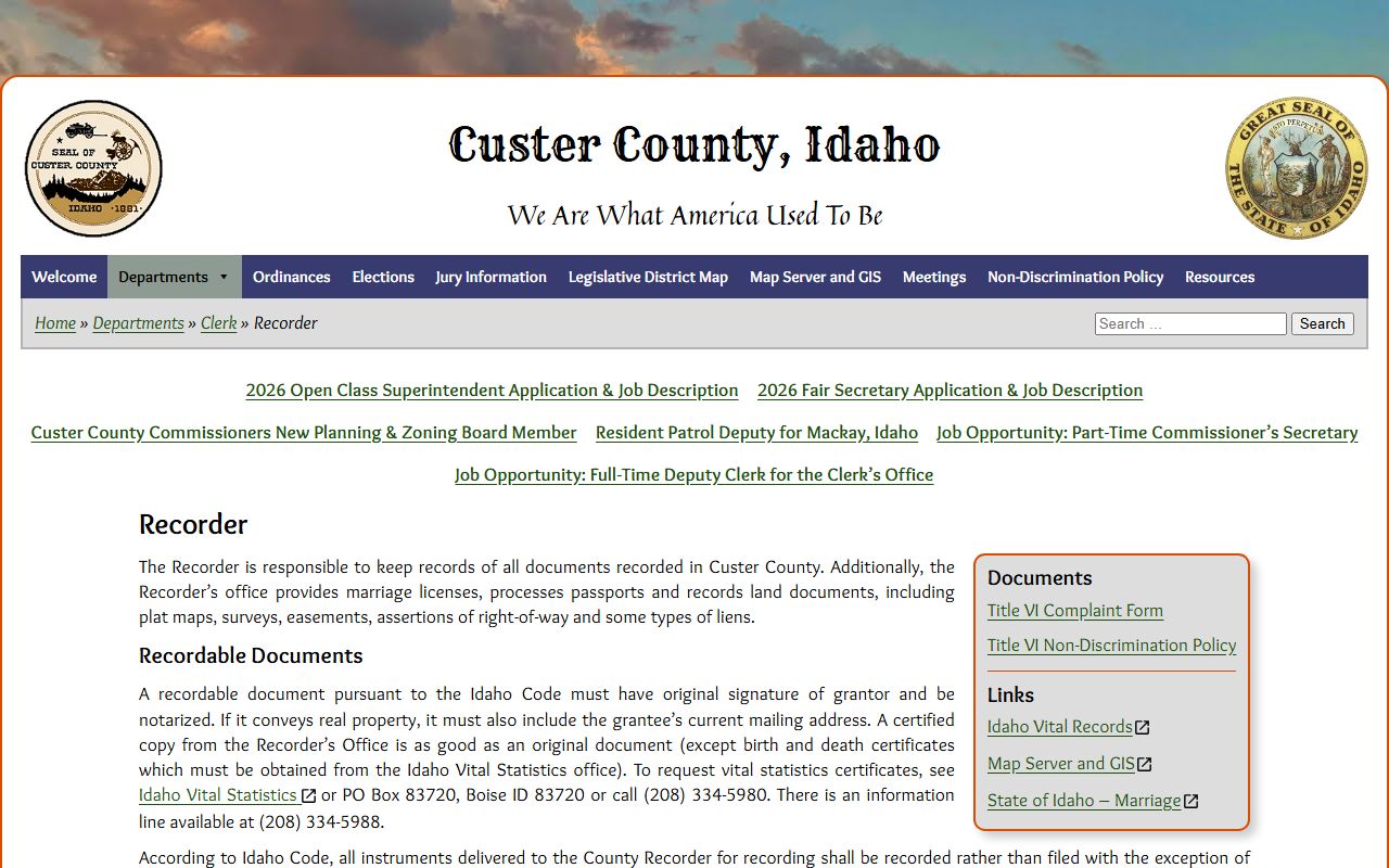 Custer County Clerk of the District Court recorder fee page