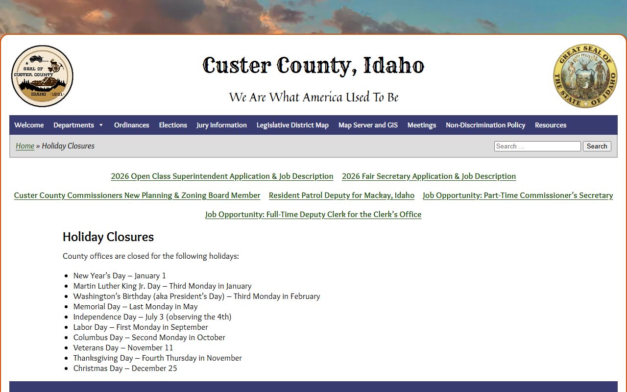Custer County Clerk of the District Court holiday closures