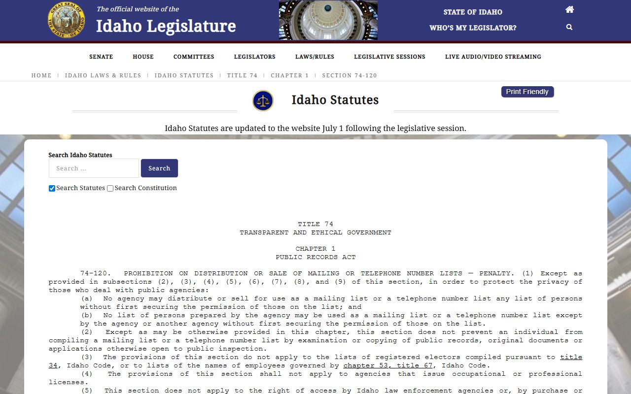 Custer County arrest records Idaho Code public records restriction
