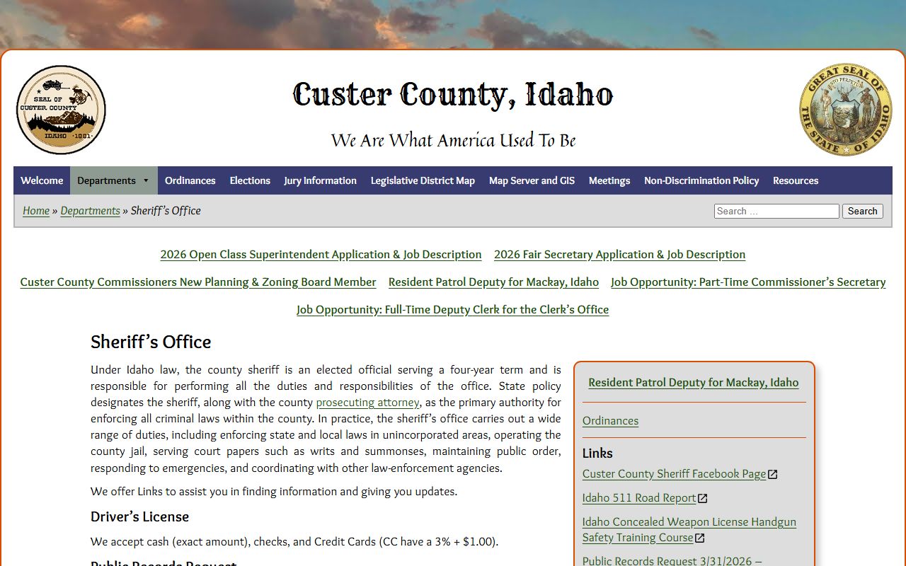 Custer County arrest records sheriff department page
