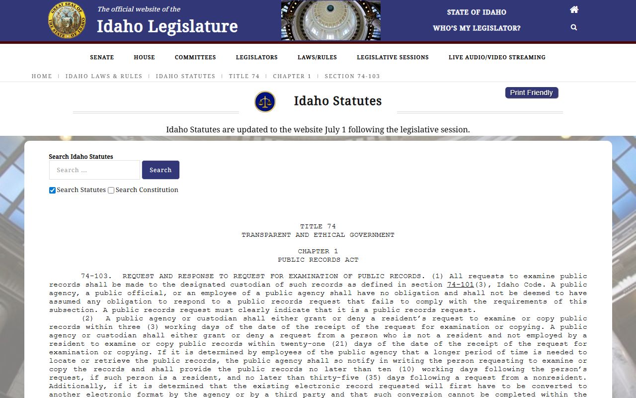 Custer County court records Idaho Code 74-103 response timing