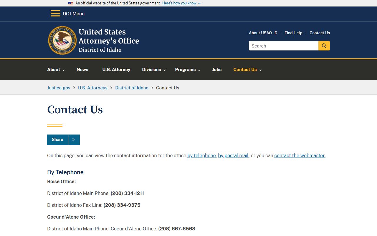 Custer County District Court U.S. Attorney Idaho contact