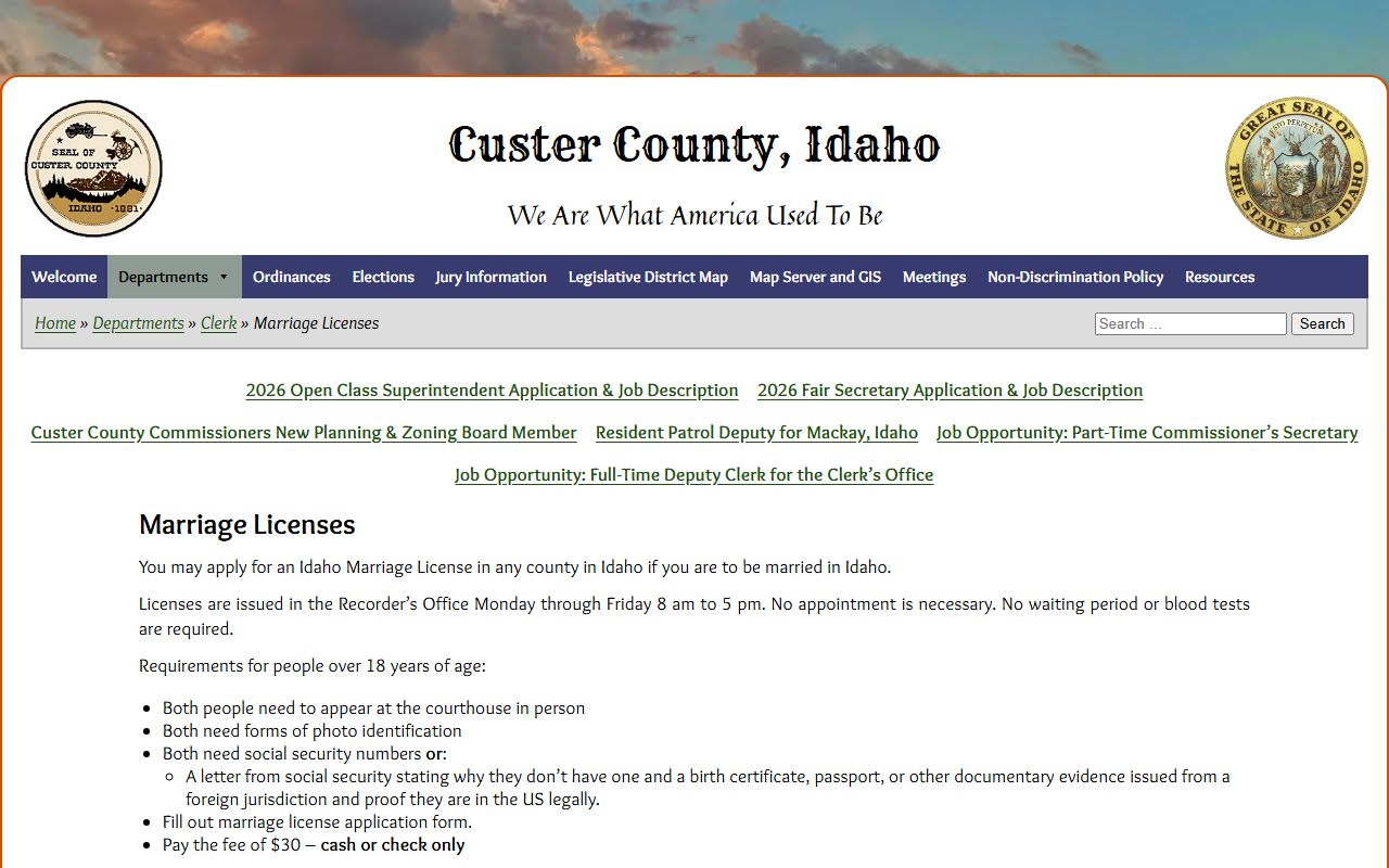 Custer County marriage records license information