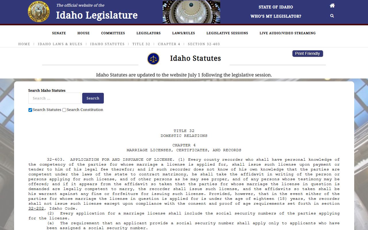 Custer County marriage records Idaho license statute