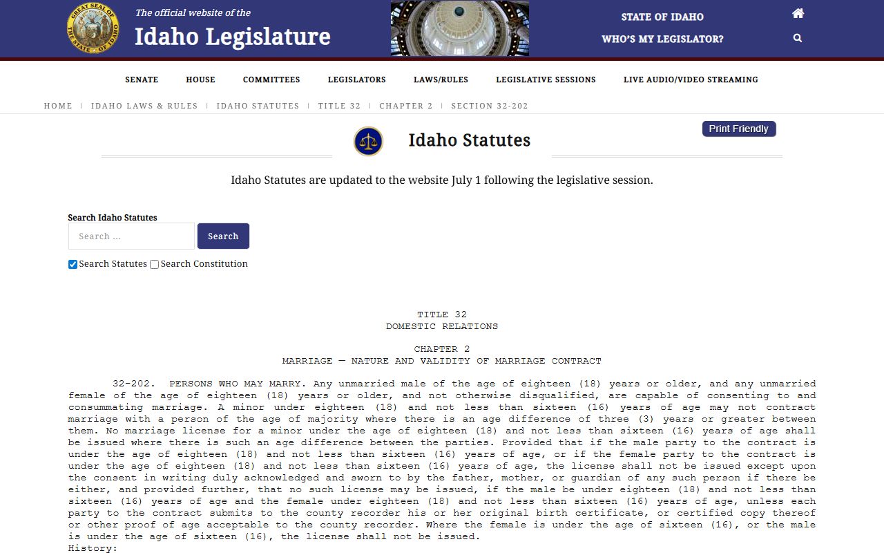 Custer County marriage records Idaho minor marriage law