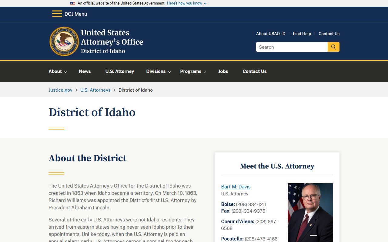Custer County warrant records U.S. Attorney Idaho